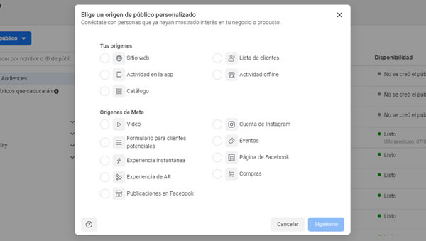 Opciones de Público Personalizado para anuncios de Facebook e Instagram.