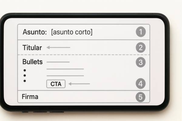Wireframe móvil de email con bloques esenciales